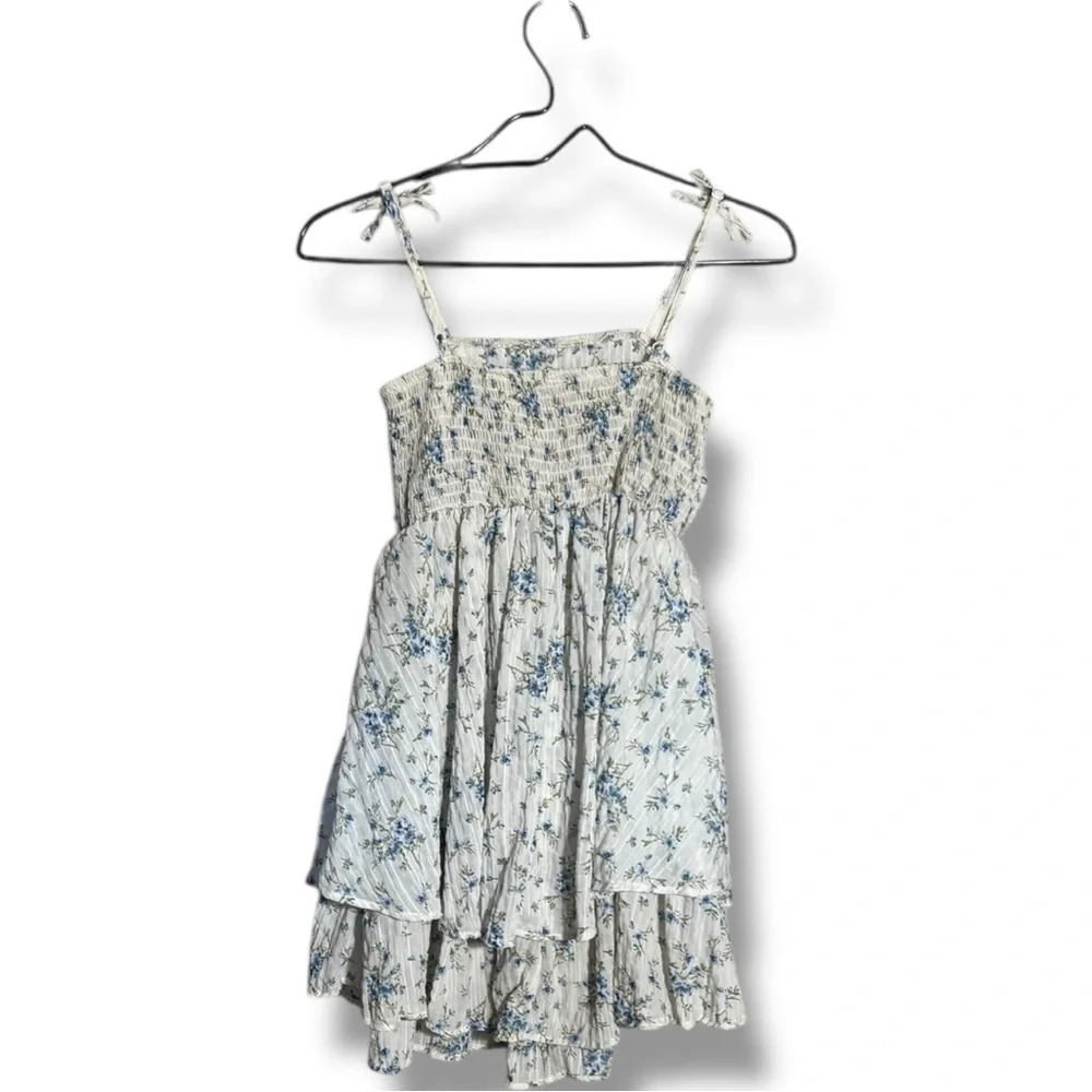 Unbranded White and Blue Floral Layered Tie Straps Empire Waist Babydoll Dress